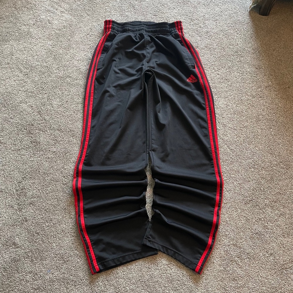Mens Adidas Track Pants Medium Black Red 3-Stripe Excellent Athletic Sweats